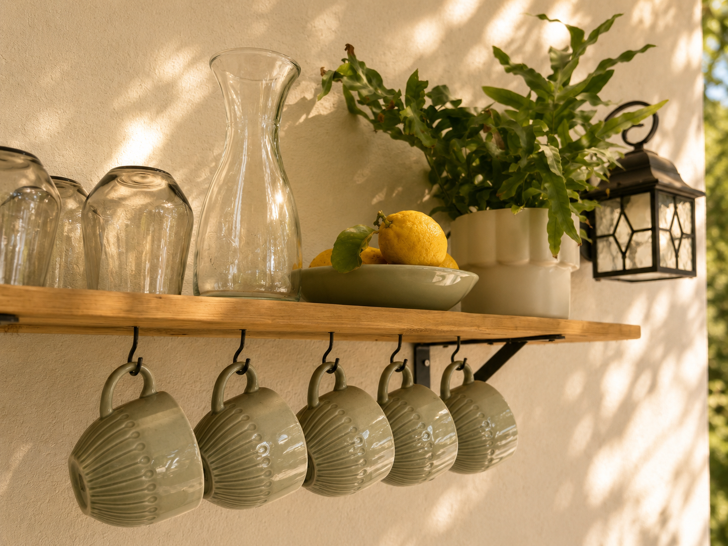 A wooden wall-mounted shelf holding glassware, a bowl of lemons, a potted plant, and a lantern, with hanging ceramic cups below.