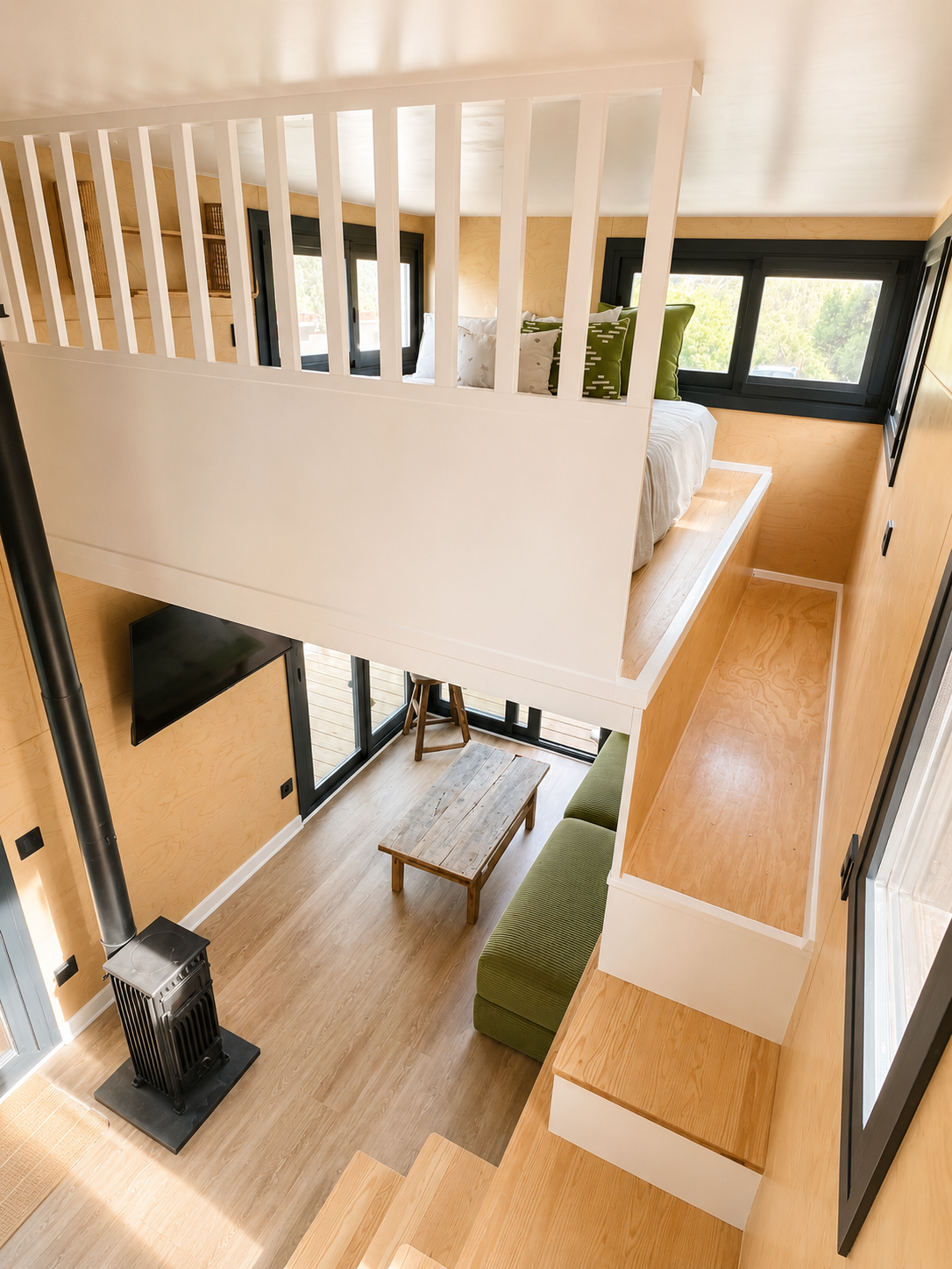Interior view of a two-story tiny house with a bedroom loft and living area, featuring wooden floors, a green sofa, a wall-mounted TV, and a wood stove.