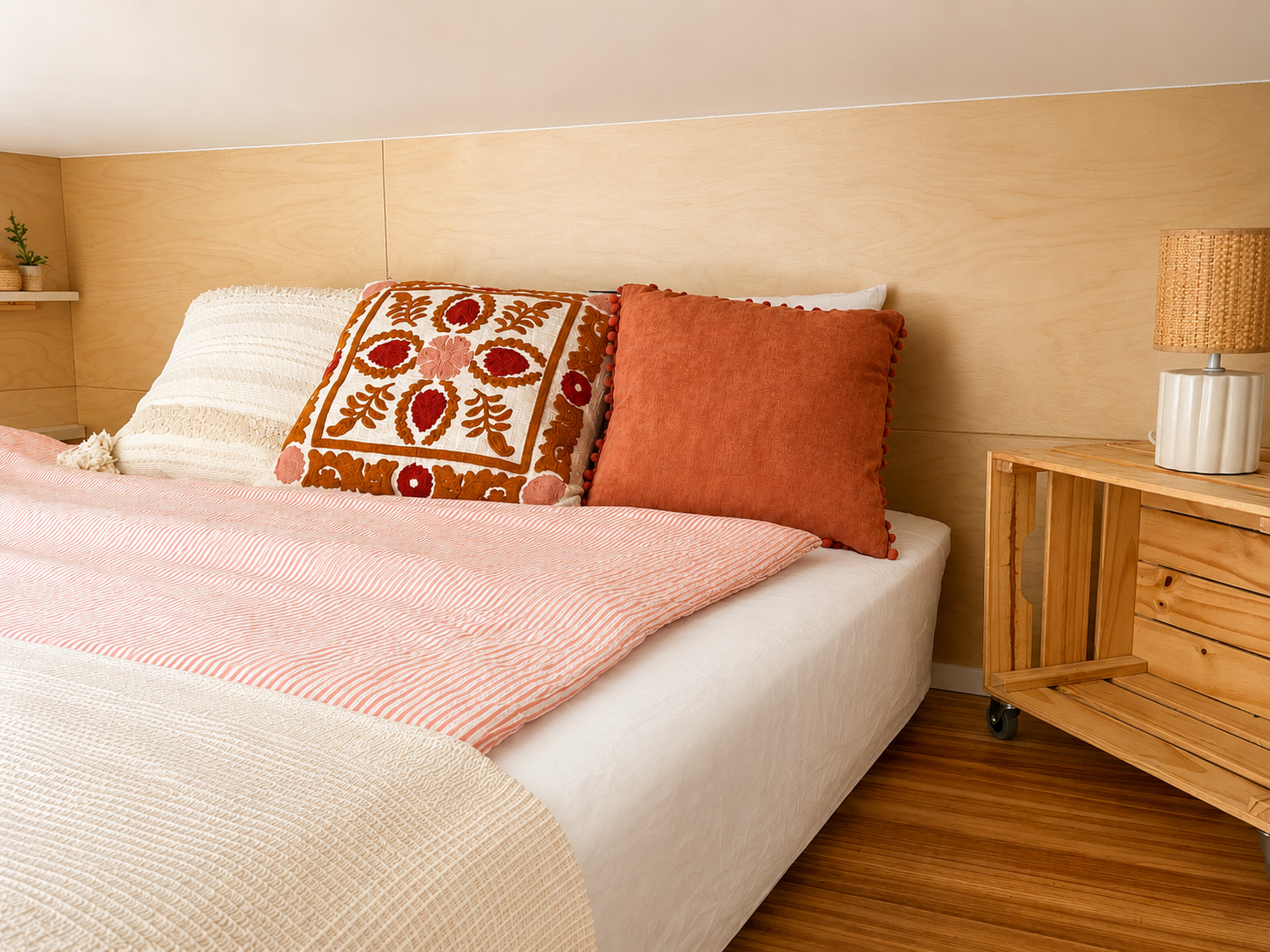 A neatly made bed with white, pink, and patterned pillows, on a wooden bed frame in a cozy bedroom with wood-paneled walls, a bedside table with a lamp, and small plants on a shelf.