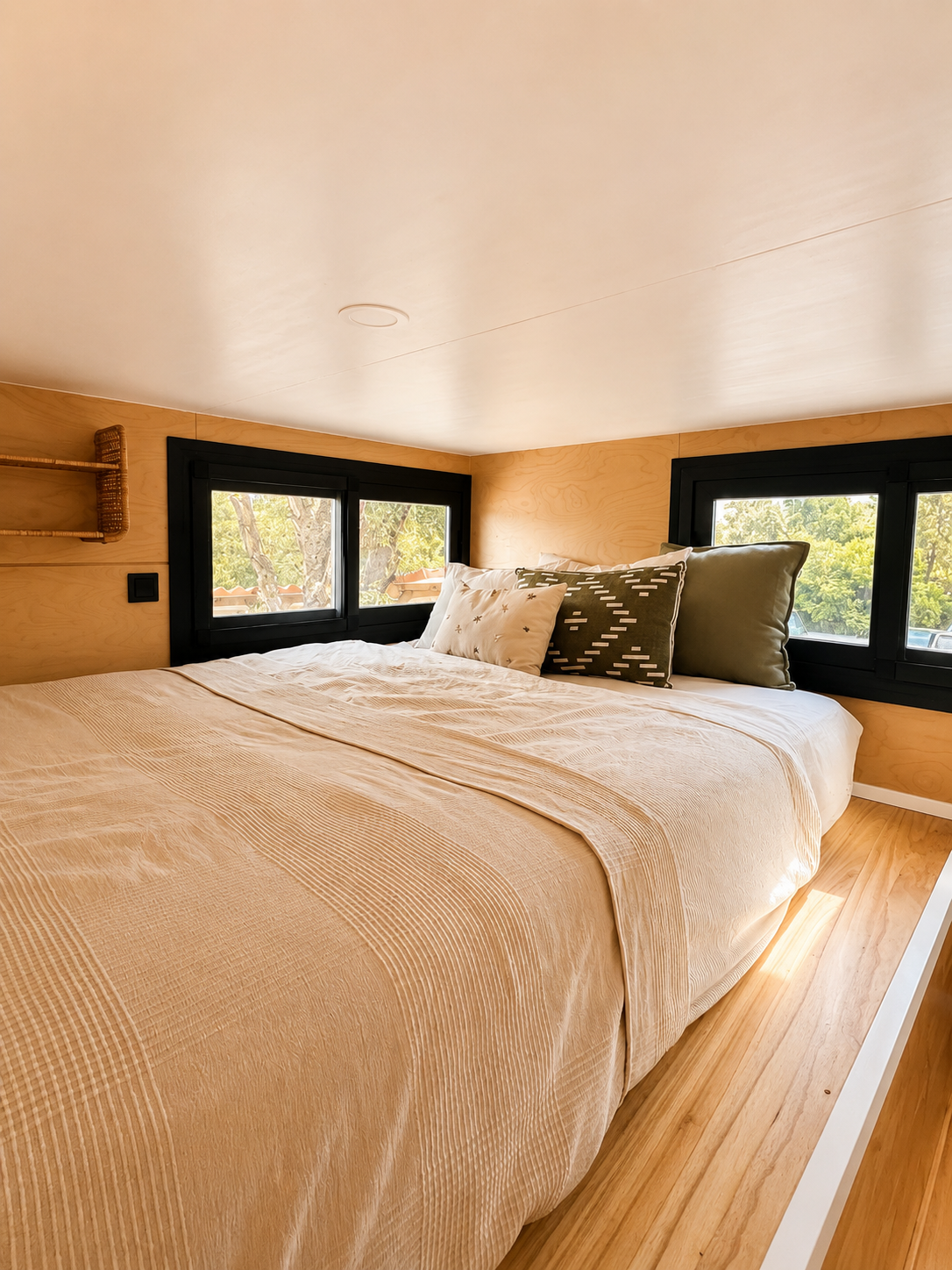 A cozy bedroom with beige bedding, three decorative pillows, black window frames, and a wood-paneled wall with windows showing trees outside.