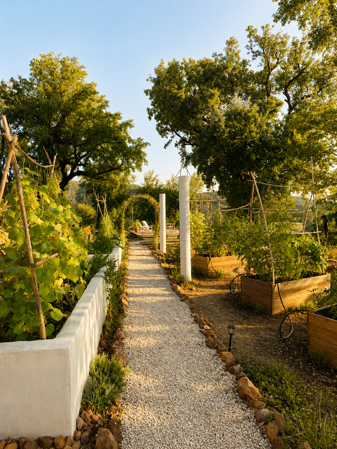 A garden with a gravel path, lush green trees, and wooden planter boxes filled with plants, illuminated by sunlight.