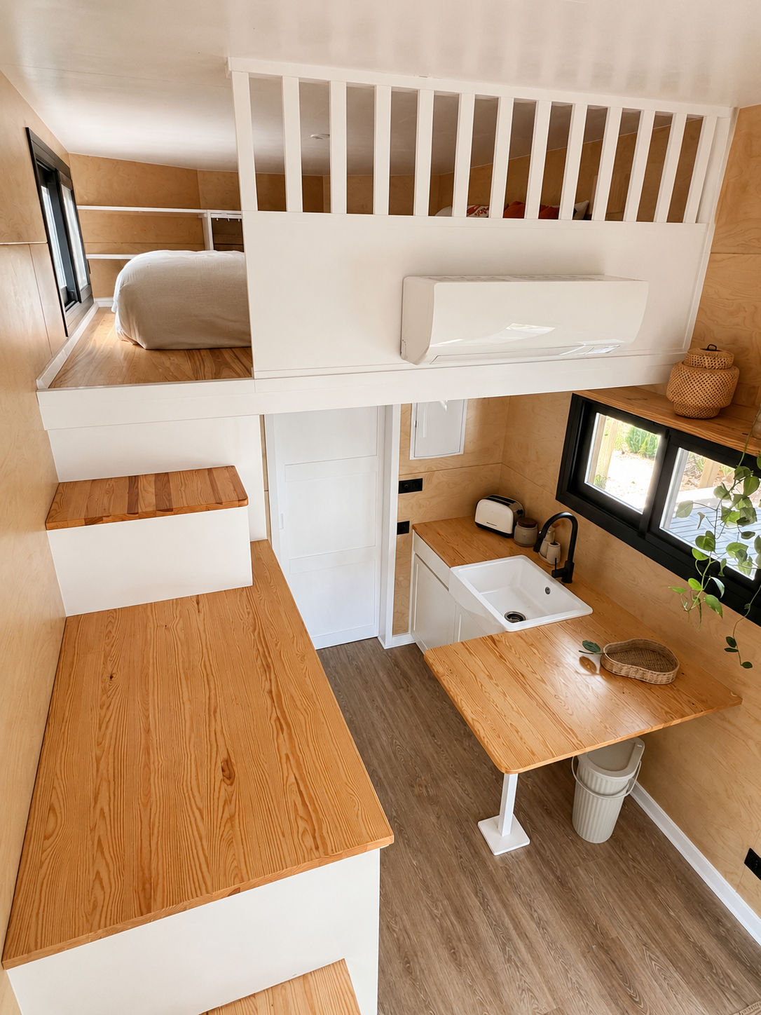 A compact, modern tiny house interior featuring a loft sleeping area with a bed, a small kitchenette with a sink, countertop, and window, and wooden surfaces throughout.