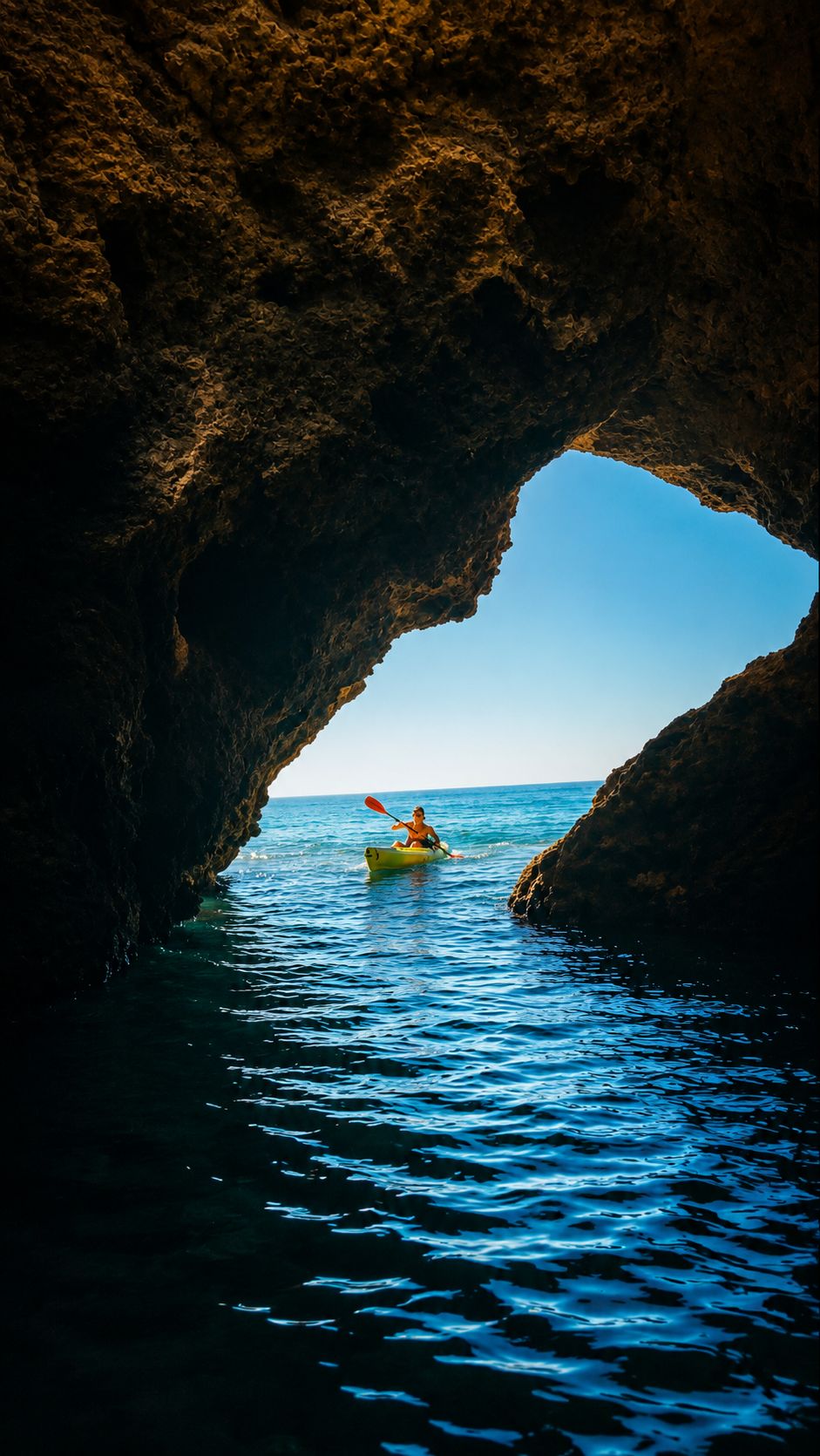 A person kayaking through a natural rock formation by the ocean, with bright blue sky visible above.