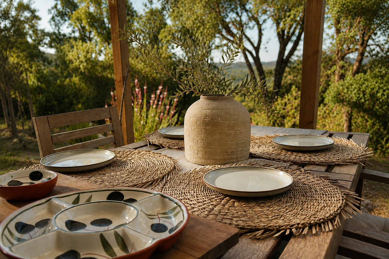 Outdoor wooden dining table with white plates, woven placemats, and a large beige vase with greenery, set in a lush garden with trees and a wooden pergola.