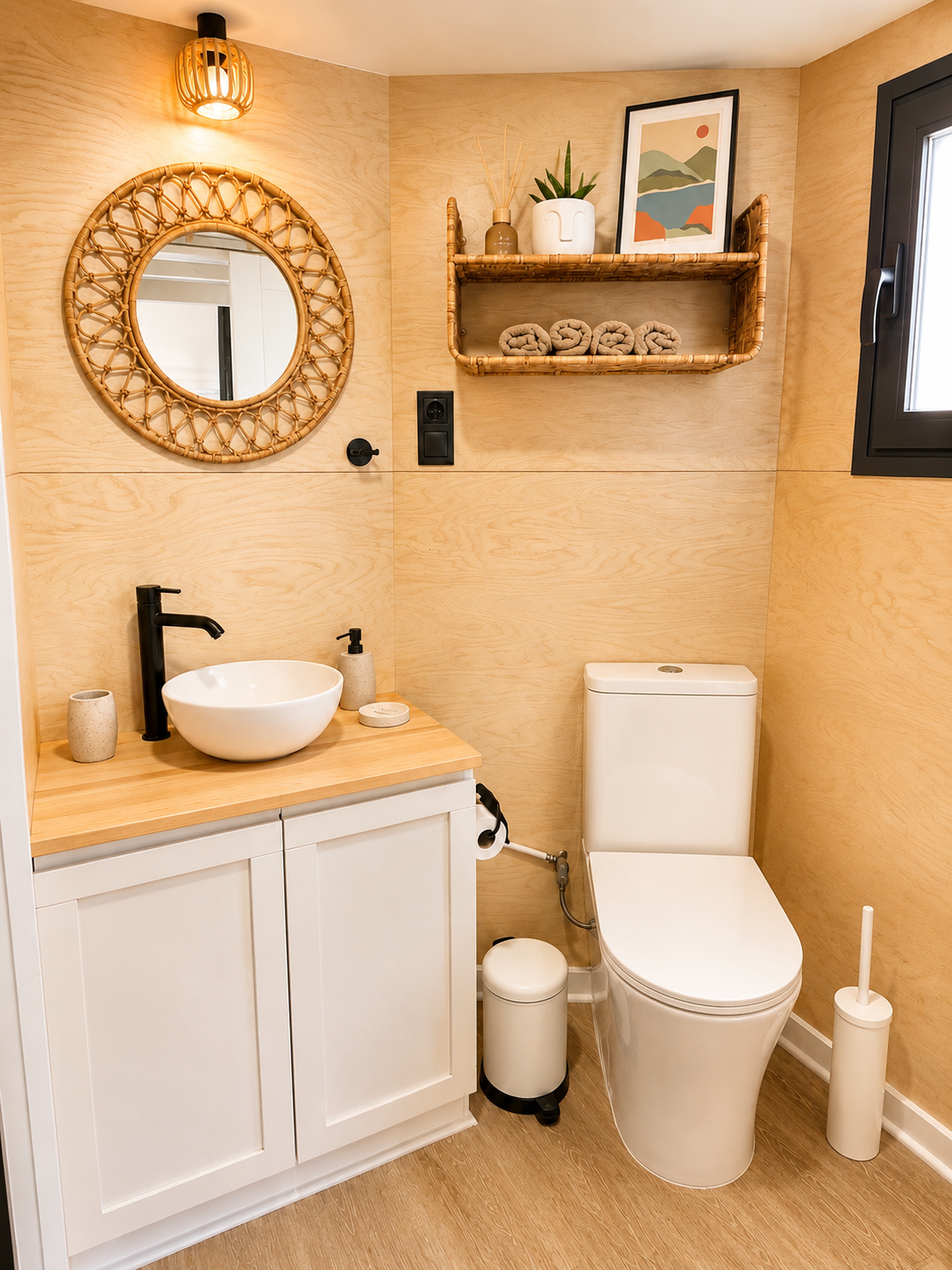 A modern bathroom with wooden walls, a white vanity with a vessel sink, a black faucet, and decorative soap dispensers. A round wicker mirror hangs above the sink. There is a toilet, a small trash bin, a toilet brush, and a wall shelf with towels, a 