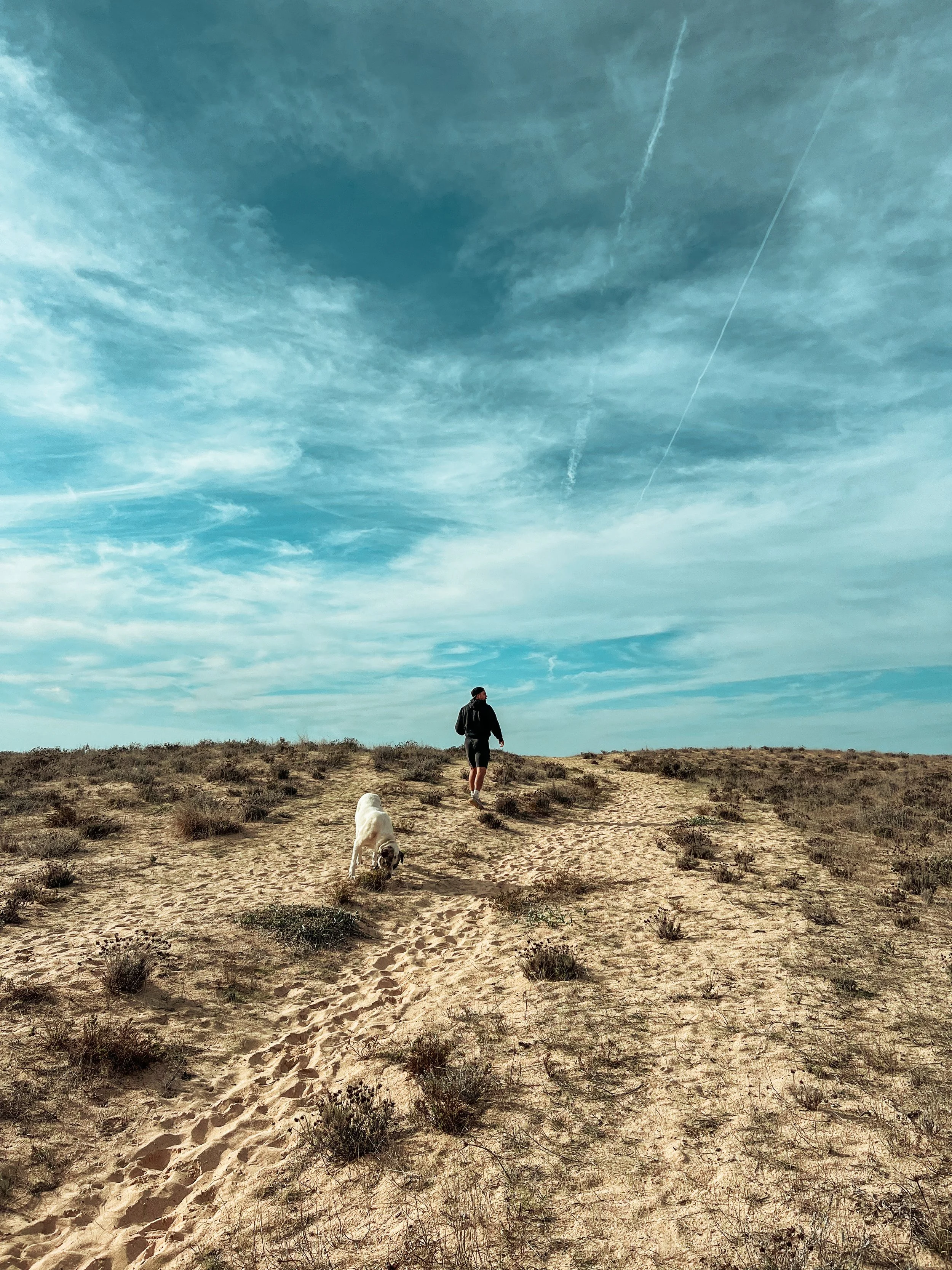 A person walking on a sandy and slightly grassy trail in an open area under a blue sky with scattered clouds and contrails, accompanied by a dog.