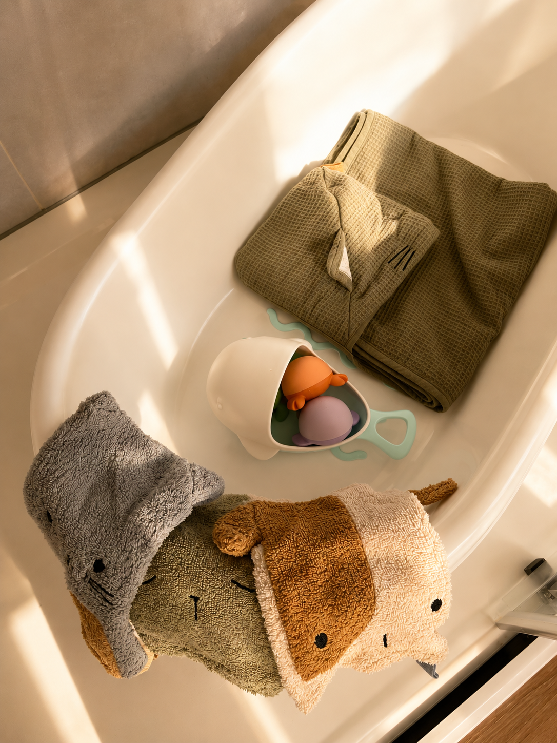 A bathtub filled with baby items including a folded beige towel, a small plush toy shaped like a bear in a cup, and three baby washcloths with animal faces hanging over the edge.