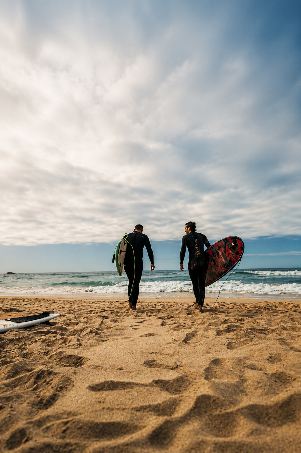 Two surfers walking on the sandy beach towards the ocean, carrying their surfboards under their arms, with one surfboard on the ground nearby. The sky is partly cloudy.