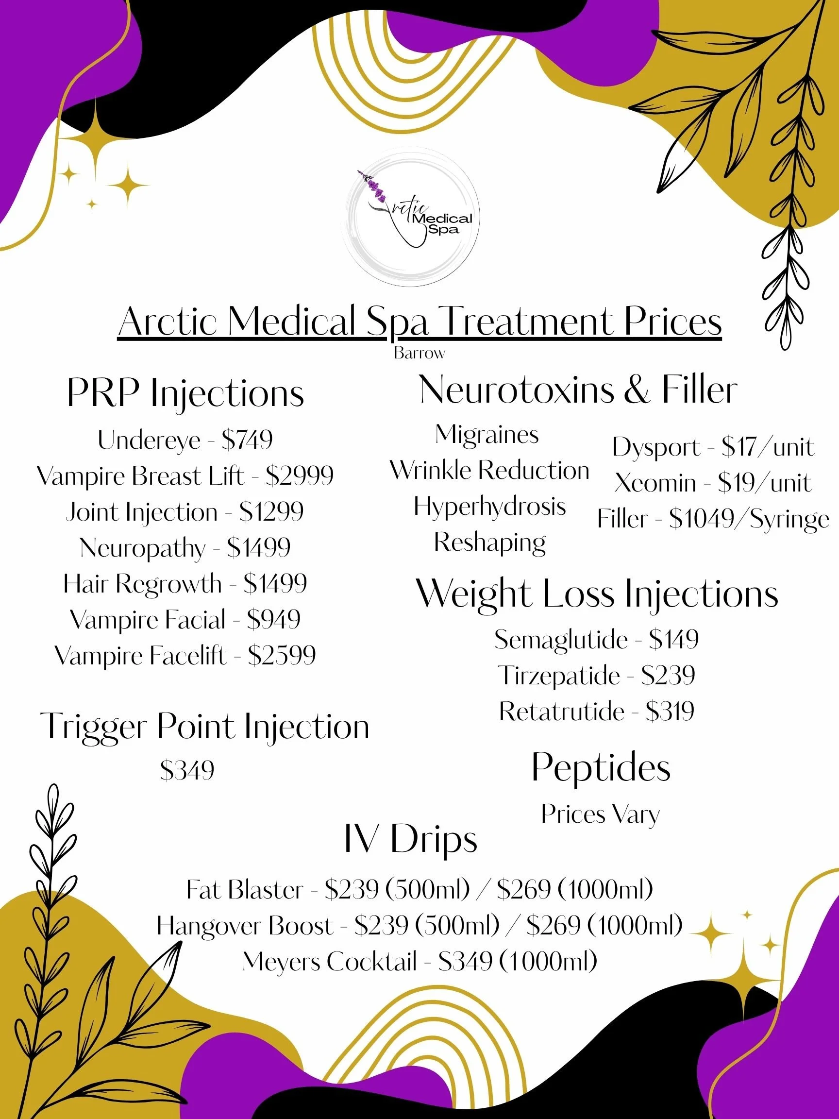 A price list for Arctic Medical Spa treatments with black, gold, purple, and white decorative elements, including services like PRP injections, neurotoxins, fillers, weight loss injections, and IV drips.