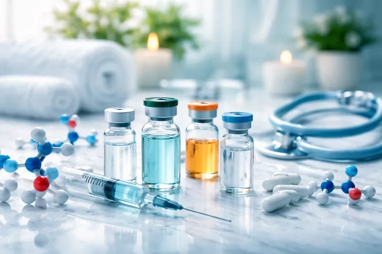 Medical supplies on a table including vials with colorful liquids, a syringe, pills, a stethoscope, decorative molecular models, and rolled towels in the background.
