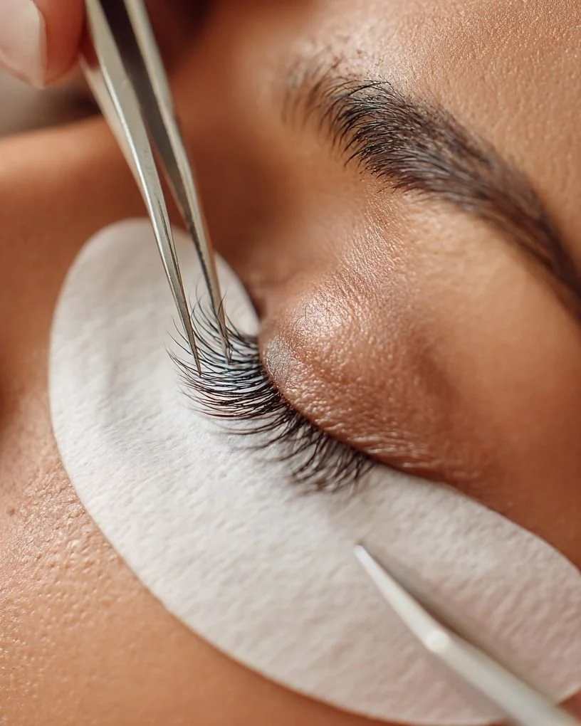 Close-up of a person having eyelash extensions applied with tweezers, lying on a white pad.