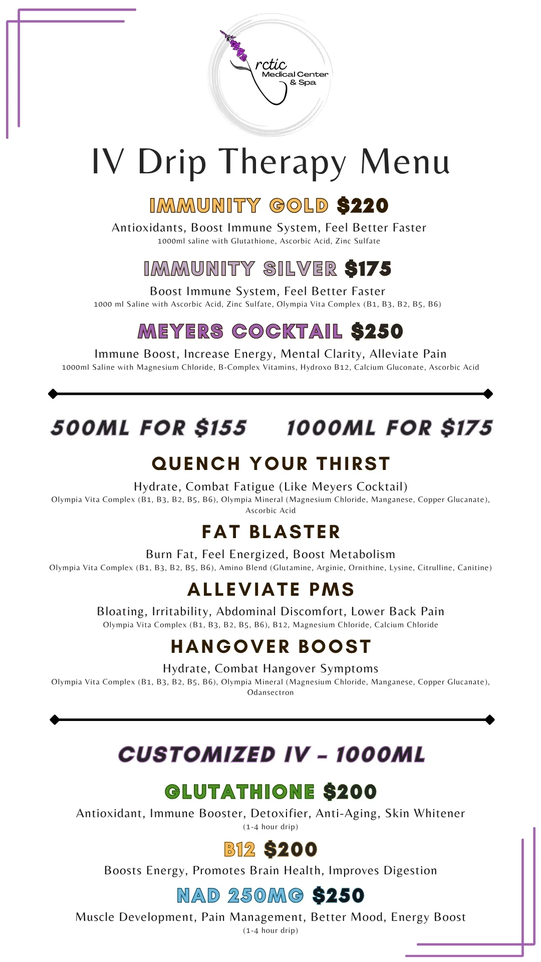 Menu of IV drip therapy services at Natic Medical Center & Spa, including Immunity Gold, Immunity Silver, Meyers Cocktail, and various hydration and supplement options with pricing and descriptions.