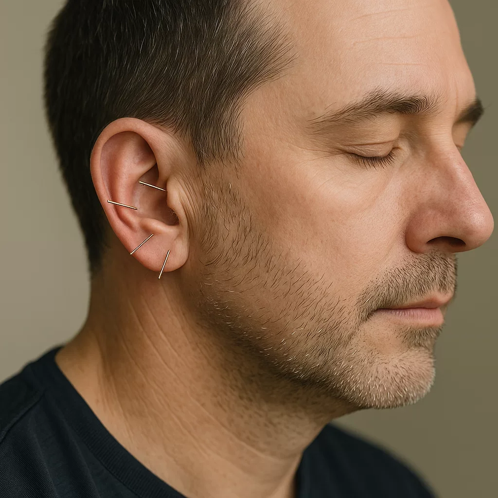 A close-up of a man with short dark hair and light skin, with closed eyes, wearing multiple small metal pins on his ear.
