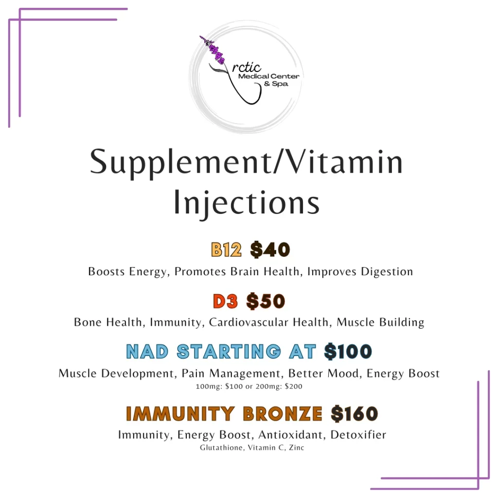 Flyer advertising supplement and vitamin injections at Arctic Medical Center & Spa, listing prices and benefits for B12, D3, NAD, and Immunity Bronze injections.