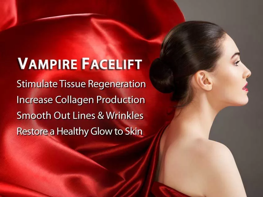 Profile of a woman with dark hair styled in a bun, wearing red lipstick, and red silk fabric draped behind her. Text on the image promotes a vampire facelift for tissue regeneration, collagen production, wrinkle smoothing, and restoring skin glow.