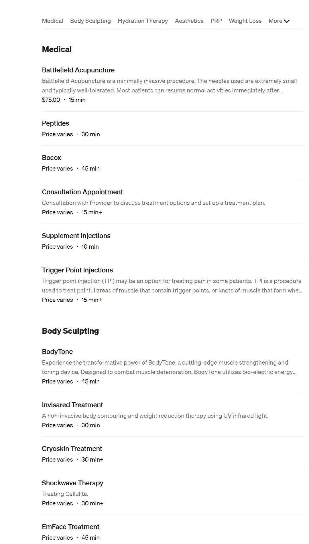 A webpage displaying various medical and body sculpting services with descriptions and durations, including acupuncture, peptides, bocox, consultation appointments, injections, body tone treatment, infrased therapy, cryoskin, shockwave therapy, and EmFace treatments.