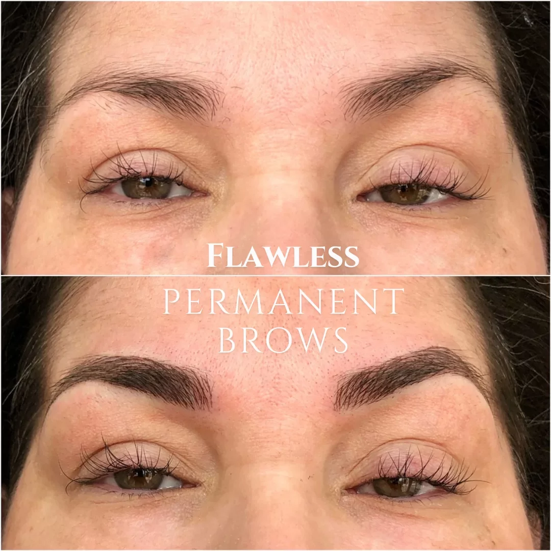 Comparison of a woman's eyebrows, showing a before and after of permanent eyebrow makeup, with the words "Flawless Permanent Brows" written across the image.