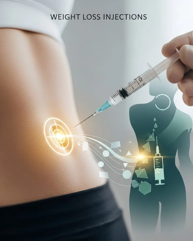 Close-up of a person administering a weight loss injection with a syringe into their side, with graphical illustrations of a target and medical icons indicating weight loss treatment.