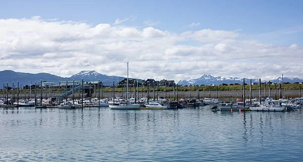 A marina with sailboats docked in calm water, mountain range in the background, cloudy sky