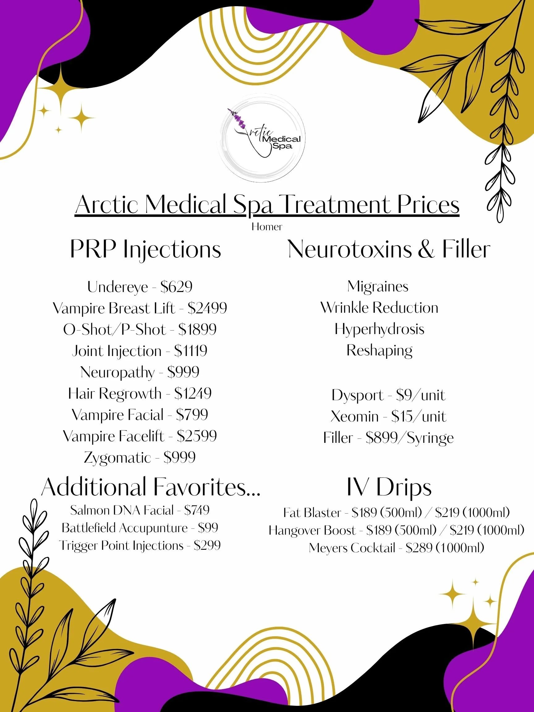 A colorful digital graphic displaying the Arctic Medical Spa Treatment Prices menu, including various aesthetic procedures, prices, and additional services, with decorative elements like flowers, stars, and swirls in purple, black, white, and gold.