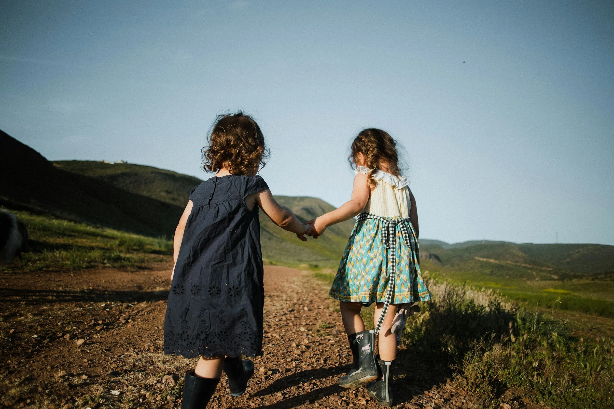Two young girls holding hands walking outdoors in a grassy, hilly landscape under a clear blue sky.