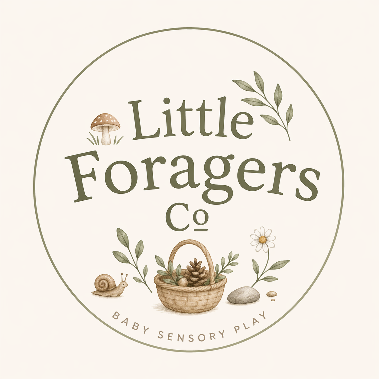A circular logo with a wreath design, featuring a mushroom, snail, pine cone, flower, and leaves. Text reads "Little Foragers Co" with the tagline "Baby Sensory Play" at the bottom.