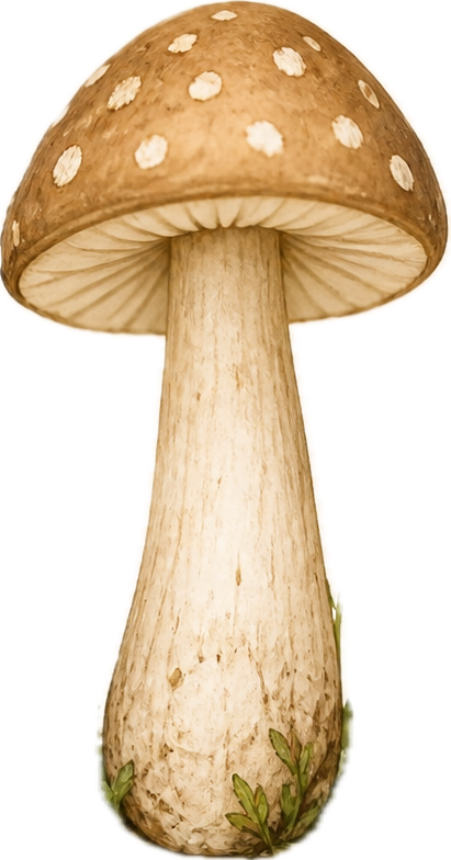 A close-up of a large mushroom with a brown cap covered in white spots and a thick cream-colored stem, set against a plain background.