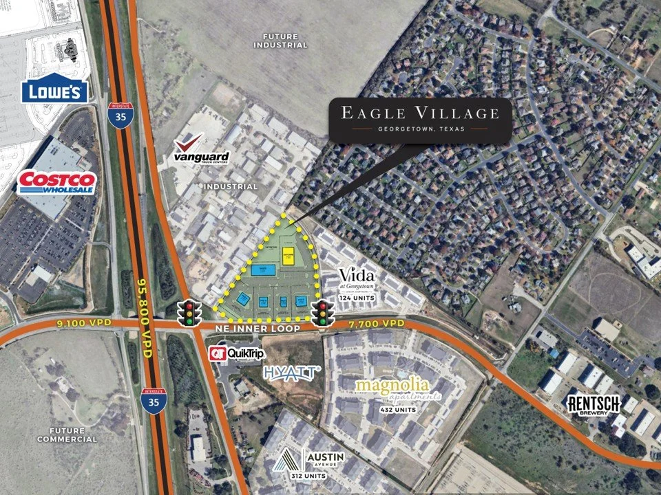 A real estate development map showing highlighted Eagle Village in Georgetown, Texas, near highways 35 and 95. Surrounding landmarks include Lowe's, Costco Wholesale, Hyatt, Magnolia apartments, and Rentsch Brewery, with industrial and commercial areas nearby.
