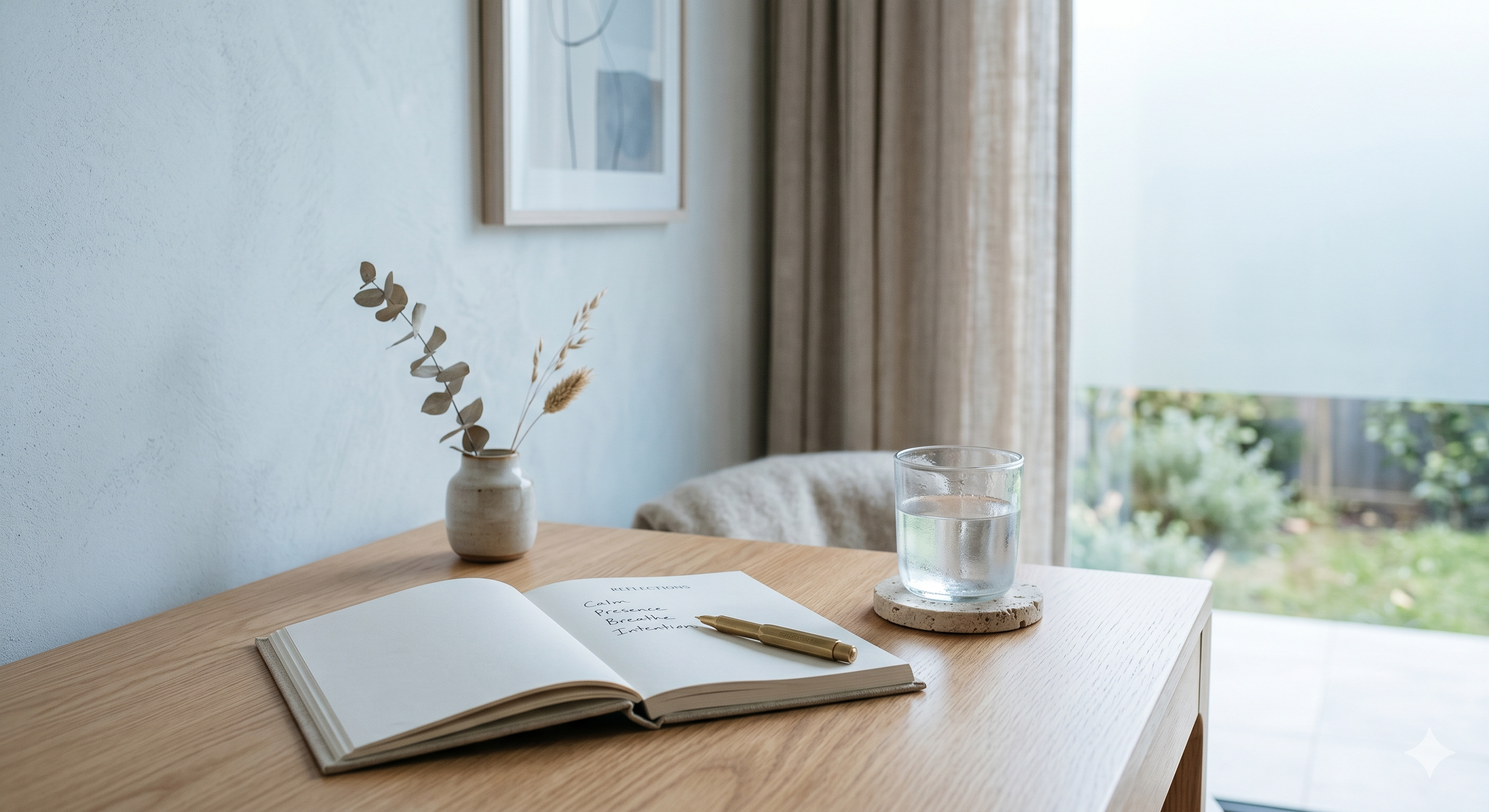 A wooden table with an open notebook, a gold pen, and a glass of water on a cork coaster. Behind the table, a small vase with dried leaves and wheat stalks. In the background, a framed abstract artwork on a light-colored wall, beige curtains, and a window with a view of outdoor greenery.