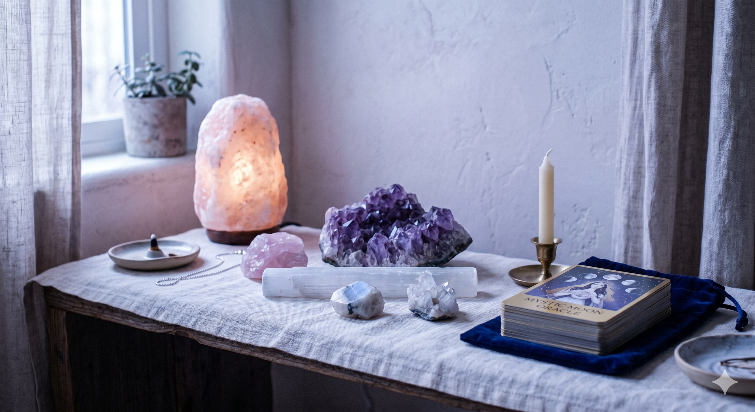 Table with crystals, a salt lamp, candles, tarot cards, and jewelry near a window with sheer curtains.
