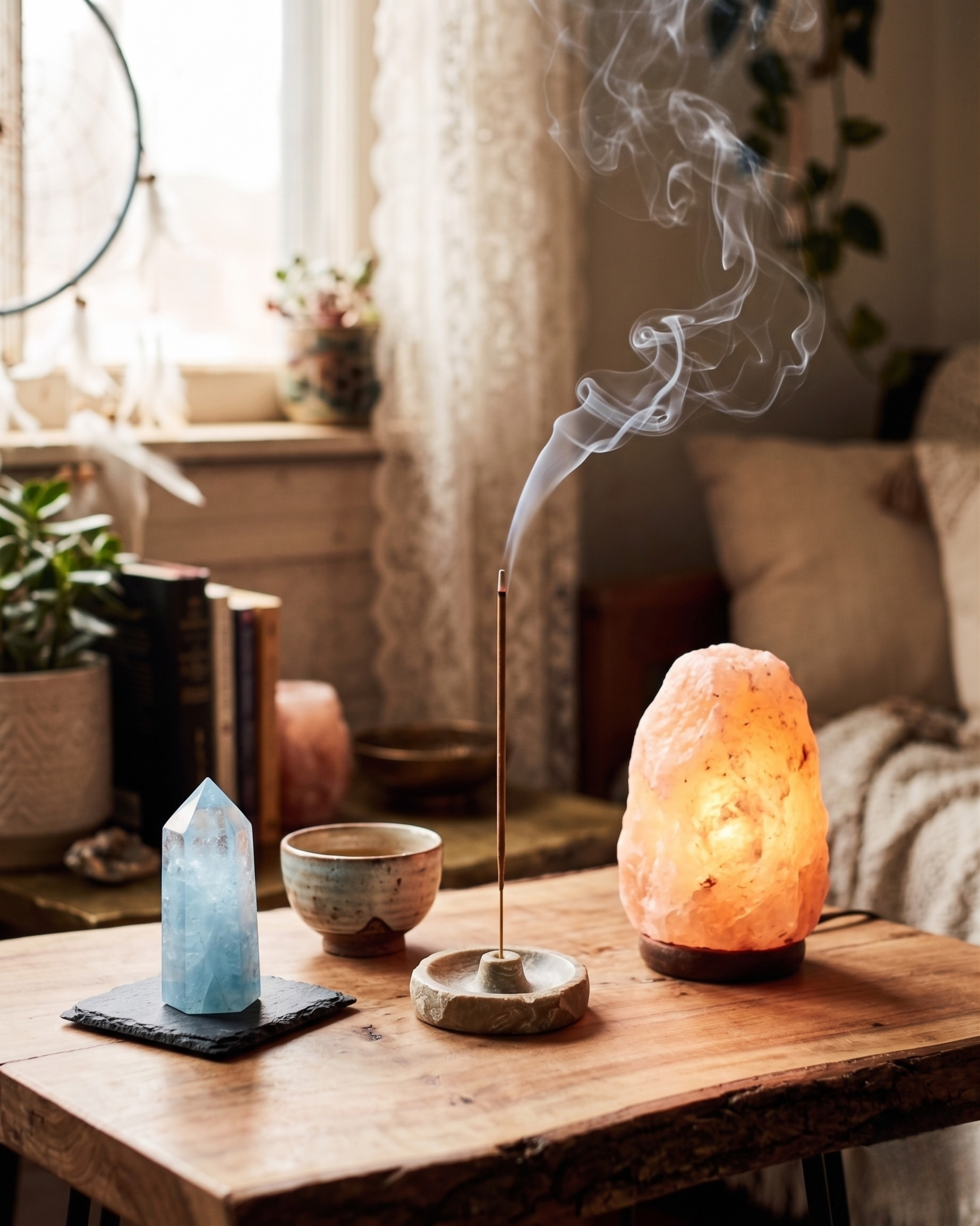 A wooden table displaying a tall blue crystal, a small ceramic bowl, a salt lamp, and a Himalayan salt lamp, with a cozy interior background including plants, a window with curtains, and a plant shelf.