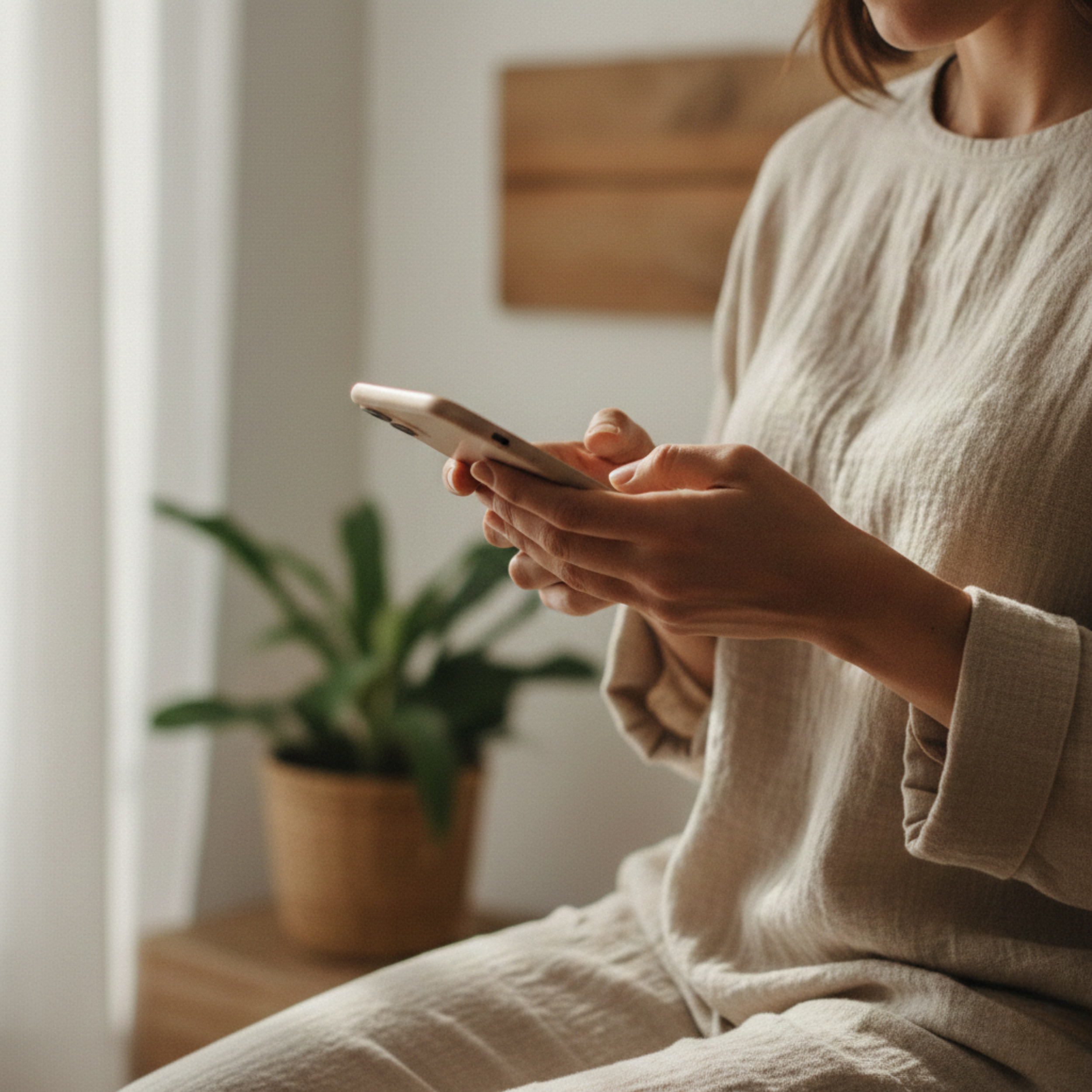 A person with brown hair wearing a beige sweater is sitting and holding a smartphone in their hands. The background shows a wooden headboard and a potted plant, with natural light coming through a window.