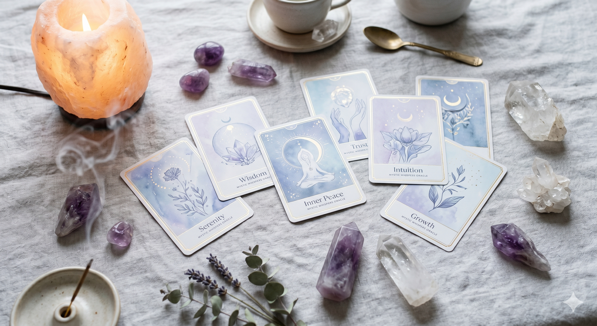 A collection of mood and guidance cards with celestial and botanical designs, surrounded by amethyst and quartz crystals, a lit Himalayan salt candle holder, and a cup and saucer, all on a white textured fabric surface.