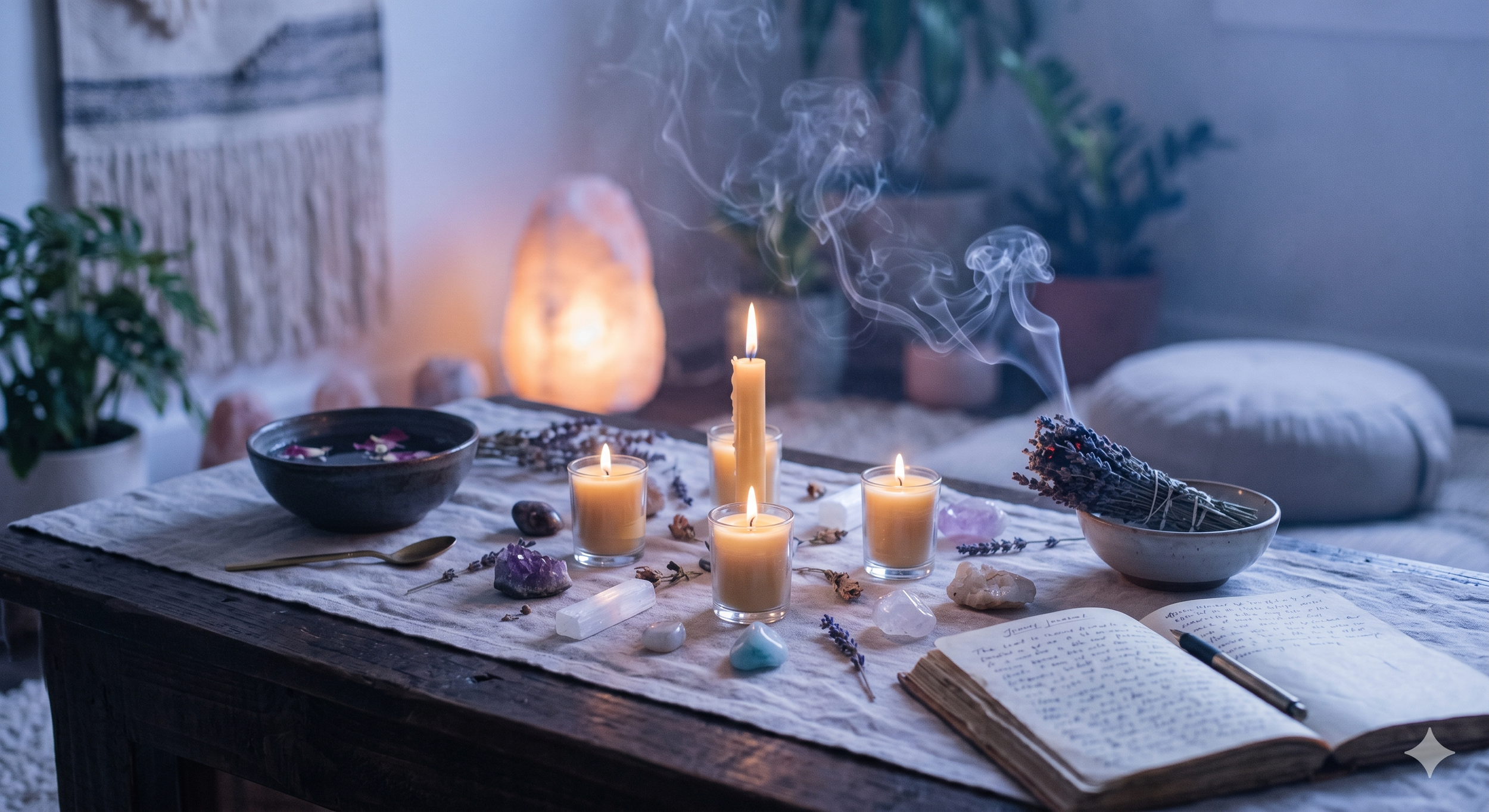 A wooden table decorated with lit candles, crystals, and herbs, with an open notebook, in a cozy, softly lit room.
