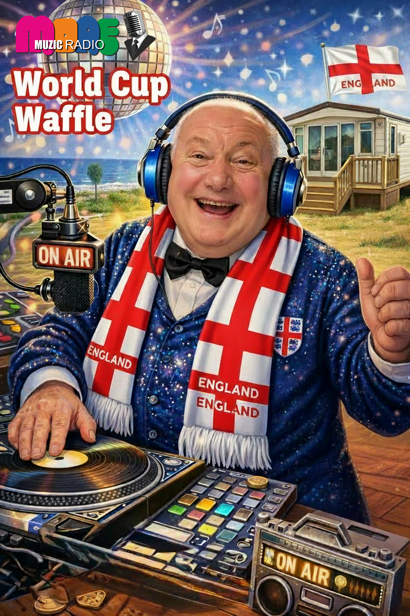 A joyful man wearing headphones, a tuxedo, and an England scarf, DJing at a party with a record player and DJ equipment, set in a festive background featuring a beach, an England flag, and a house with a sign that says "ON AIR."