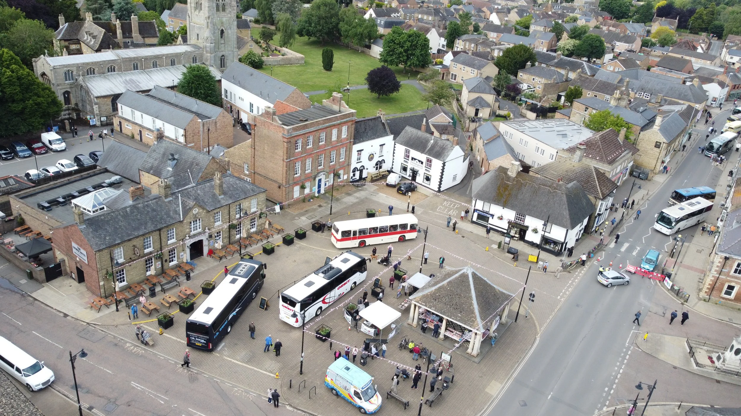 Aerial shot of The Fenland Bus Parade organised by Moremuzic Radio.