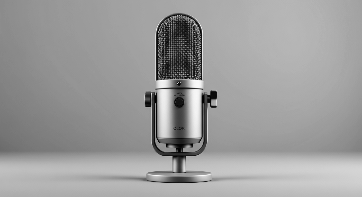 A professional studio microphone on a stand against a plain gray background.