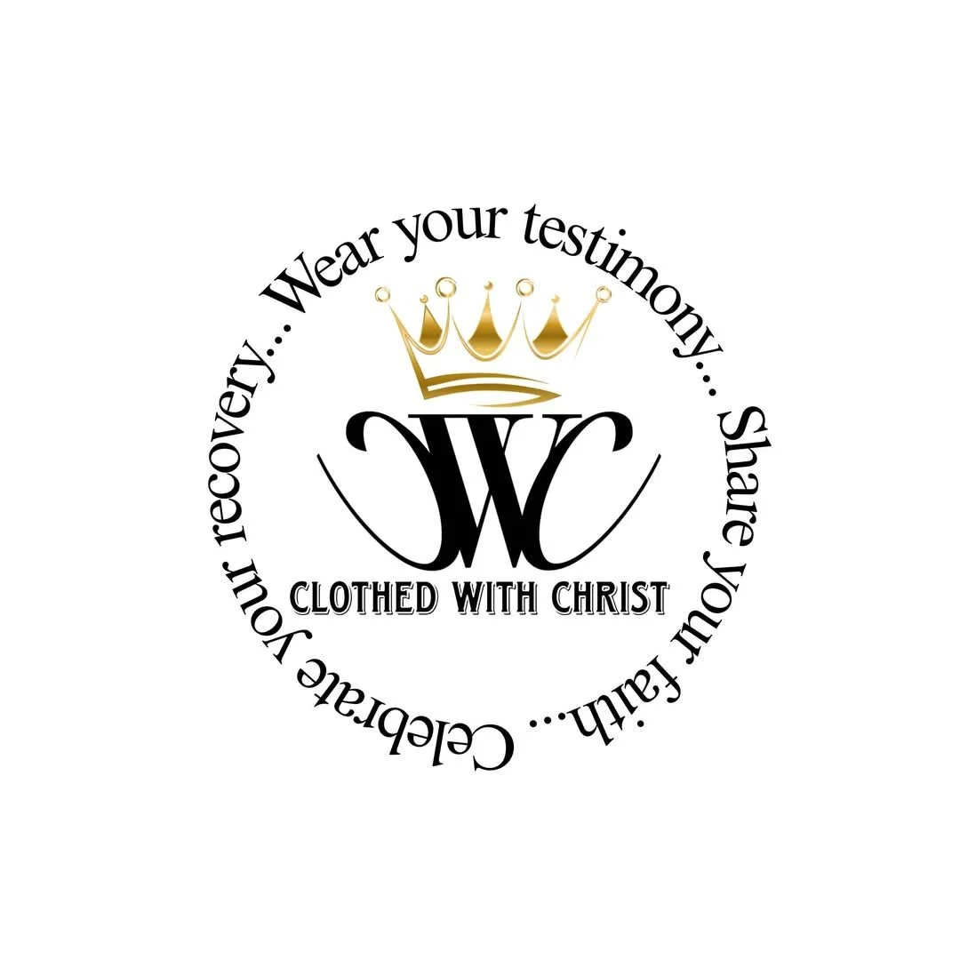 A circular logo with a gold crown at the top, black intertwined initials 'W' and 'C' in the center, and the phrase 'Clothed with Christ' below the initials. Encircling the logo is the text 'Wear your testimony... Share your faith... Celebrate your recovery...' in black.