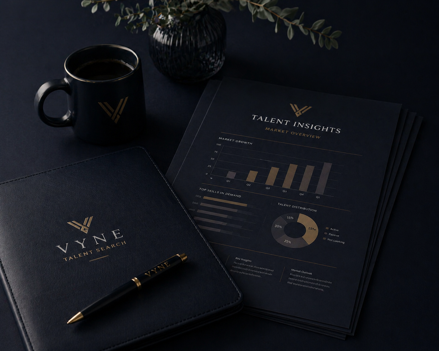 Dark-themed workspace with a black mug, a black and gold VYNE Talent Search notebook, a black and gold pen, and a dark blue paper with market analysis charts titled 'Talent Insights' and a top view of a plant in a dark vase.