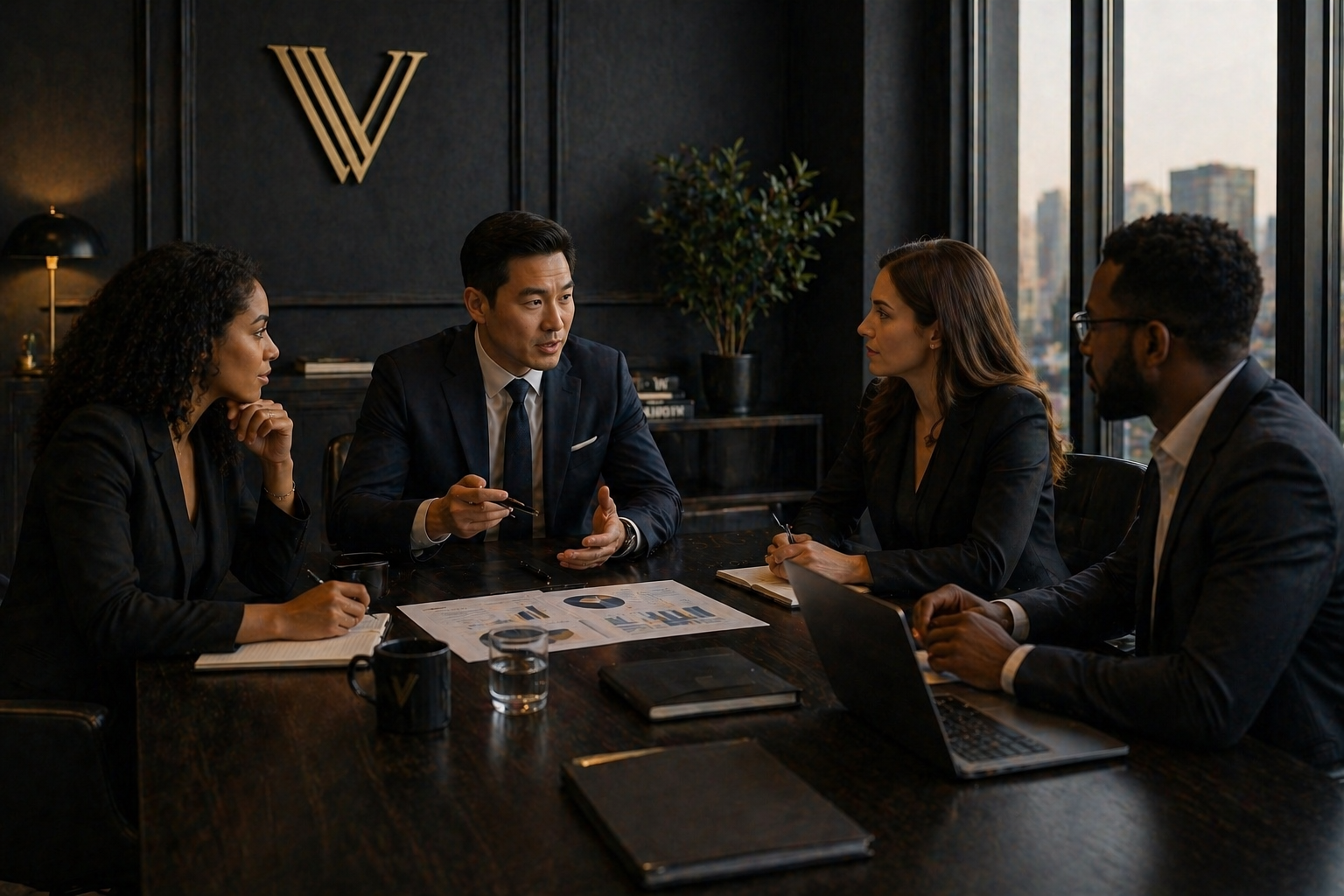 Business professionals having a meeting in a modern office conference room with city skyline visible through floor-to-ceiling windows.