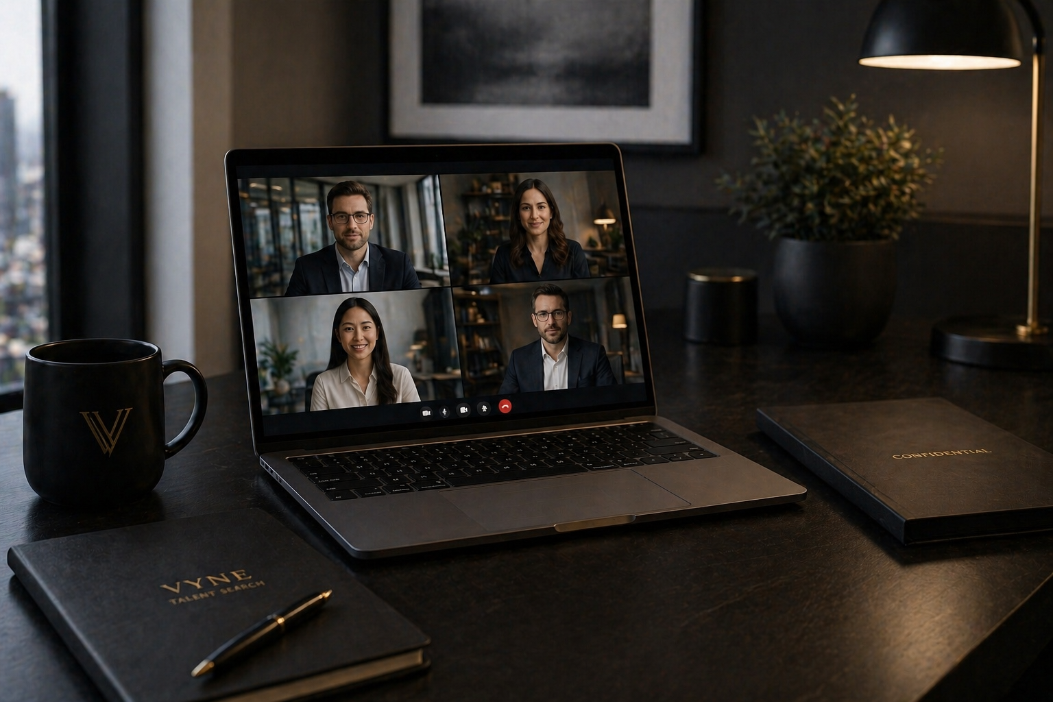 A laptop on a dark desk showing a video conference with four participants, surrounded by a coffee mug, a notebook labeled "VYN Talent Search," a black folder labeled "Confidential," and a pen, with indoor lighting and a plant in the background.