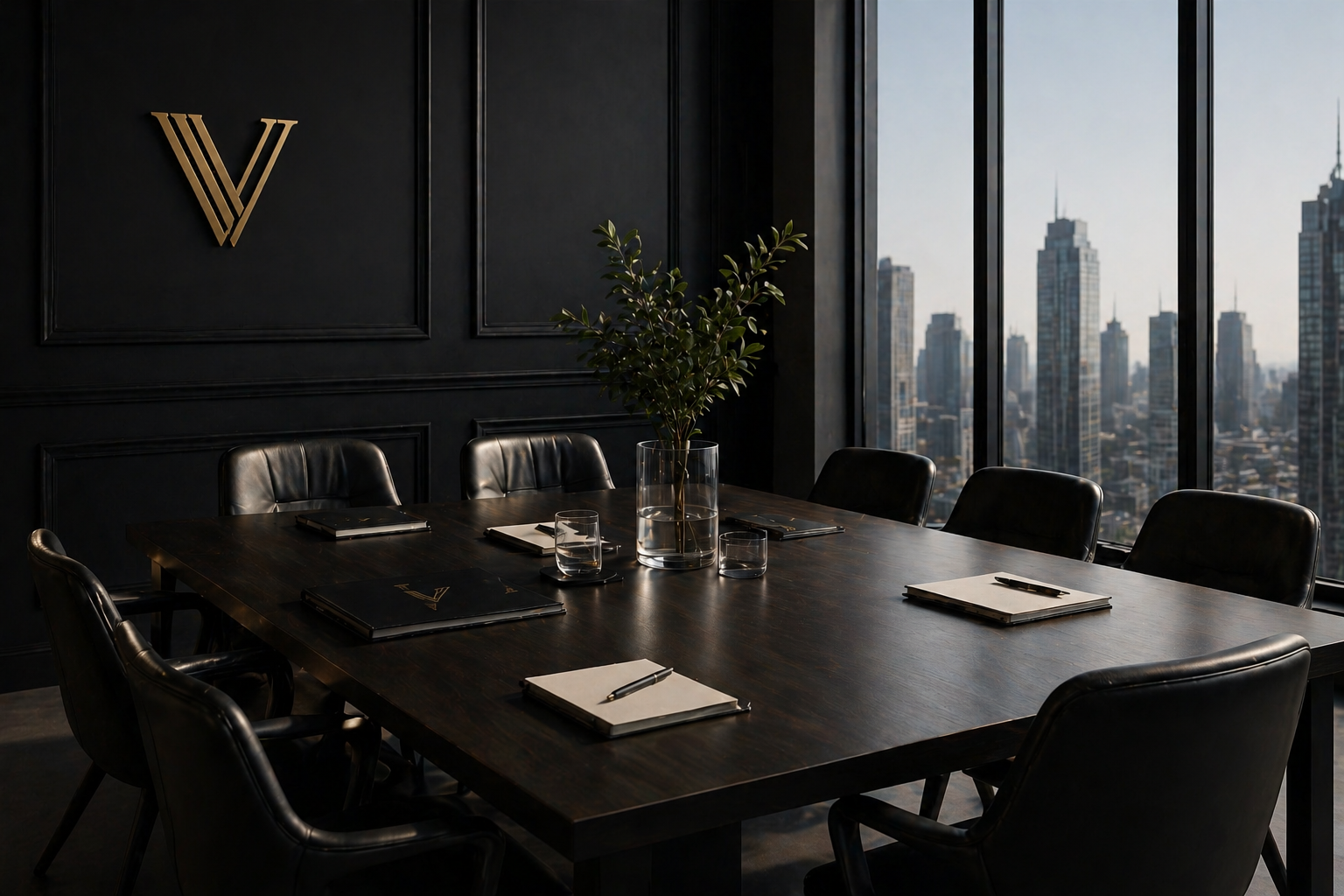 A modern conference room with a dark wood table, black leather chairs, a glass vase with green foliage, city skyline view through large windows, and minimal decor, including a wall with a gold geometric logo.