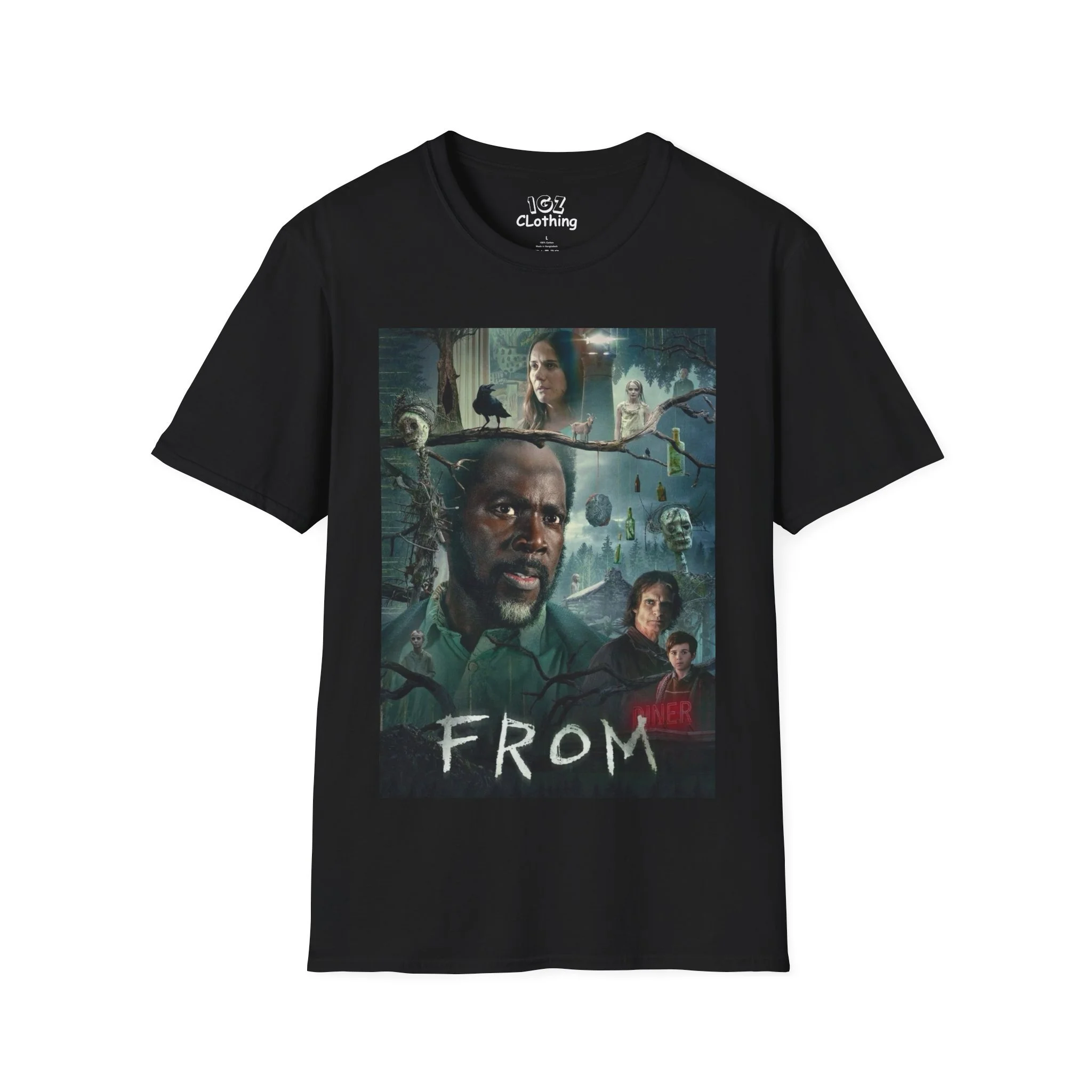 Black T-shirt featuring a collage of characters from the TV series 'From' against a dark background.
