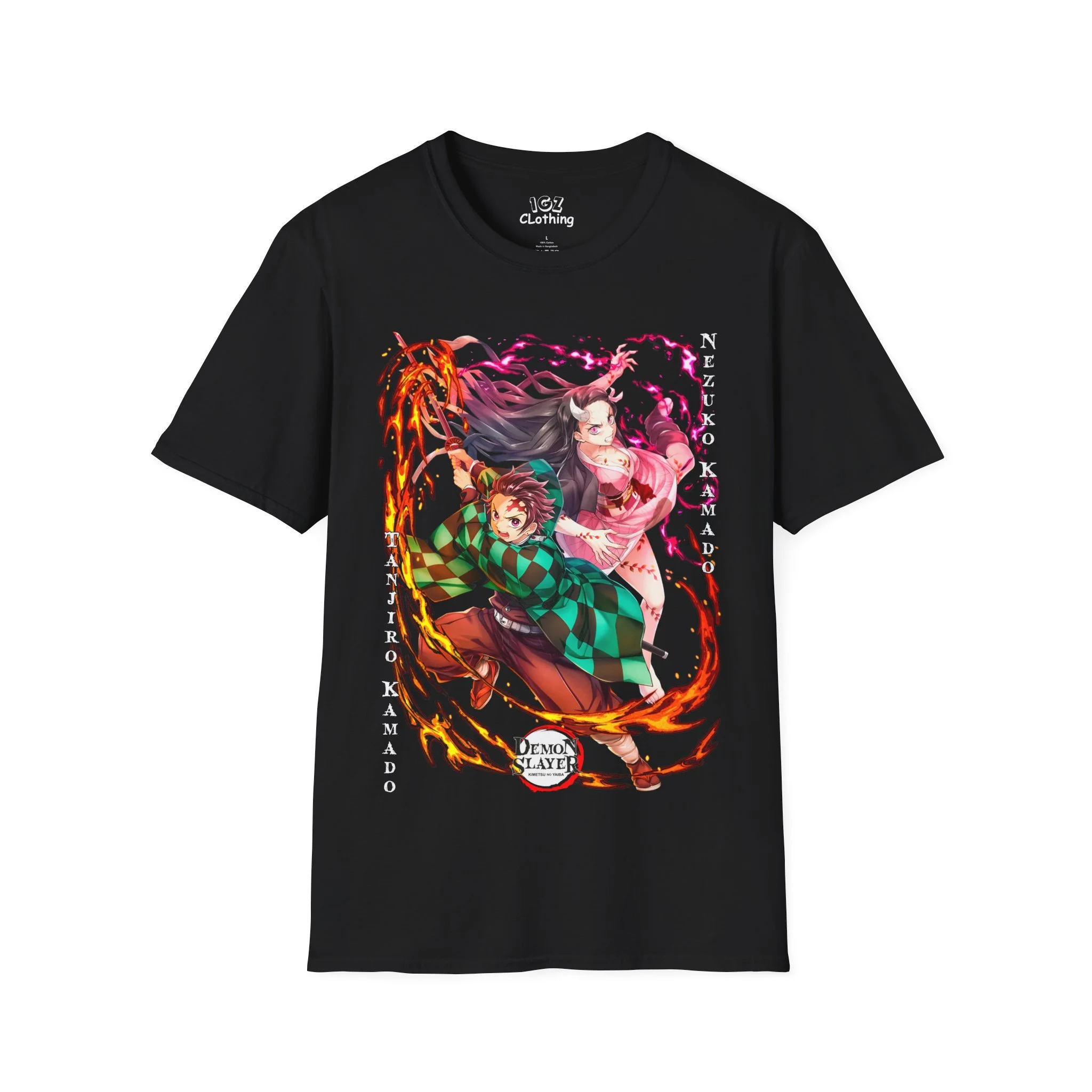Black t-shirt featuring an anime-style illustration of a female character with long hair, wielding a sword, surrounded by pink and orange flames, with Japanese characters and the words 'Demon Slayer' and 'Kimetsu no Yaiba' on it.