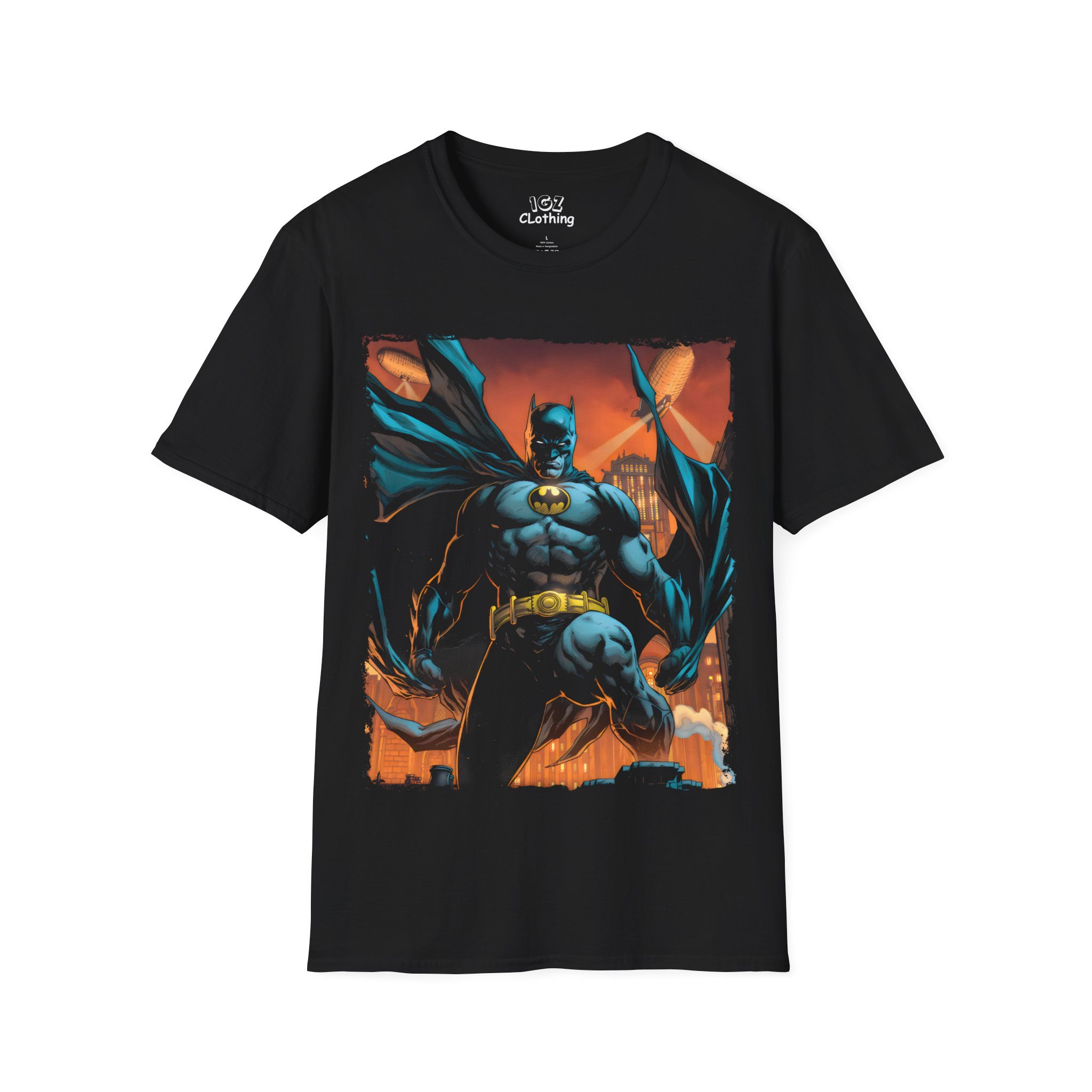 Black T-shirt featuring Batman in a dark city scene with orange and yellow highlights.