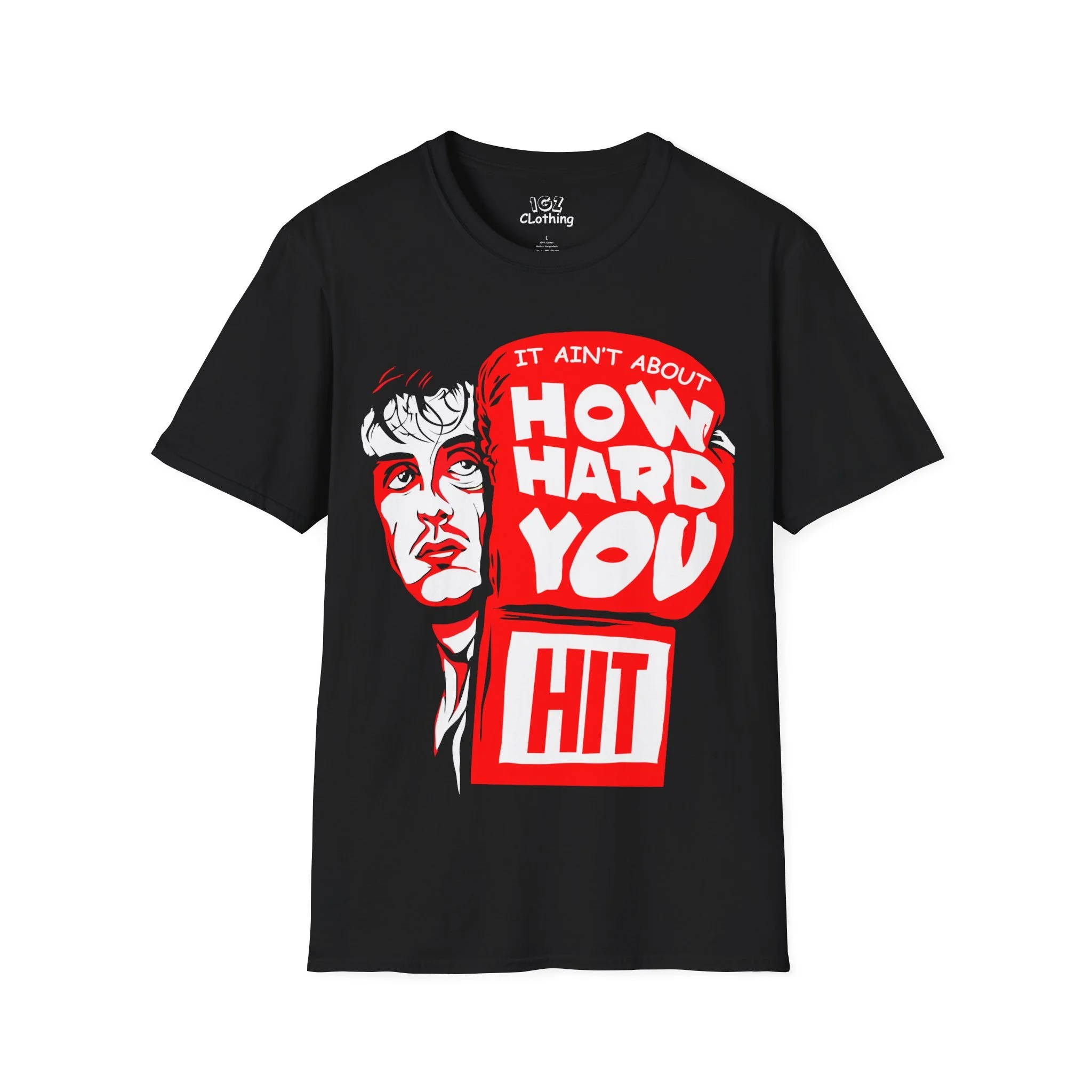 Black T-shirt with a red and white graphic featuring a stylized face and bold text that reads "It ain't about how hard you hit".