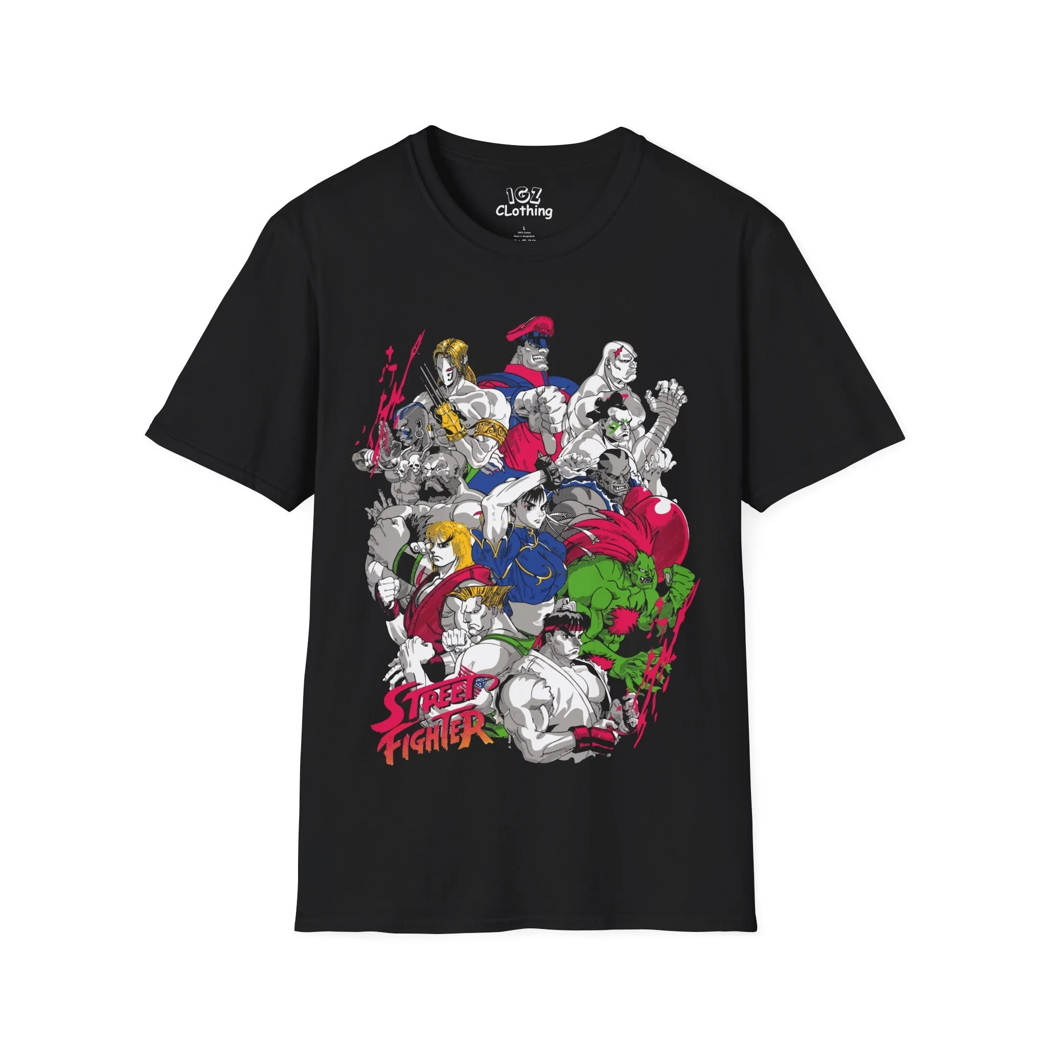 Black T-shirt featuring colorful comic-style characters from Street Fighter.