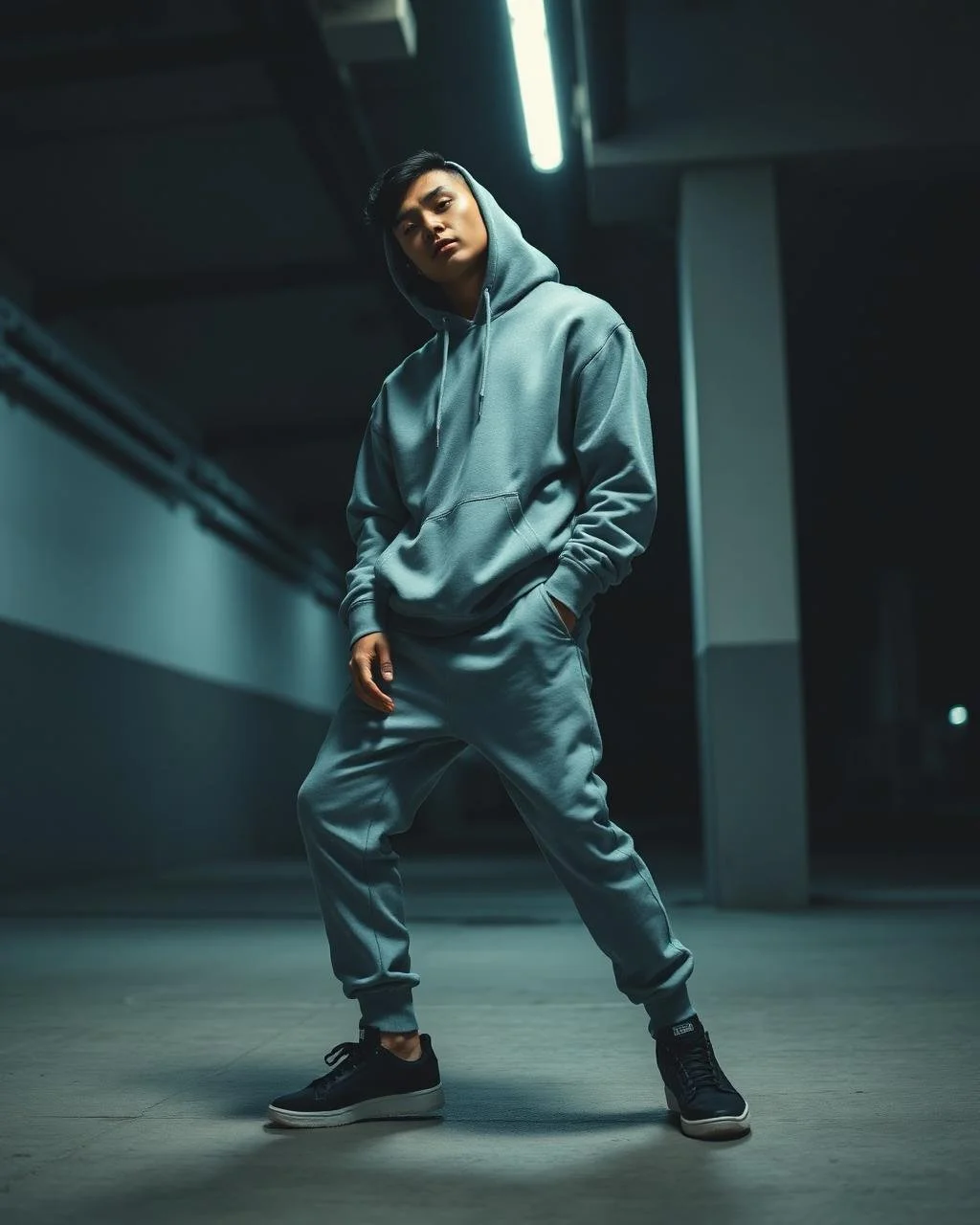 A young man in a gray hoodie and sweatpants posing confidently in an underground parking garage with minimal lighting.