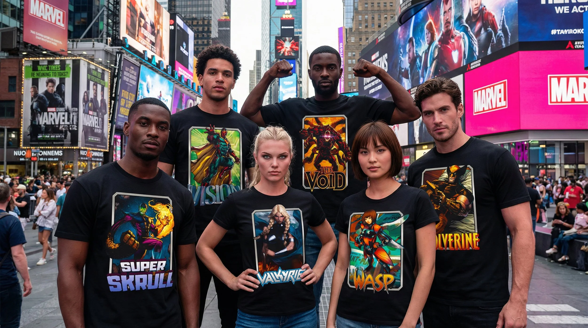 Group of young adults standing together in Times Square, New York City, wearing black T-shirts with Marvel superhero designs.