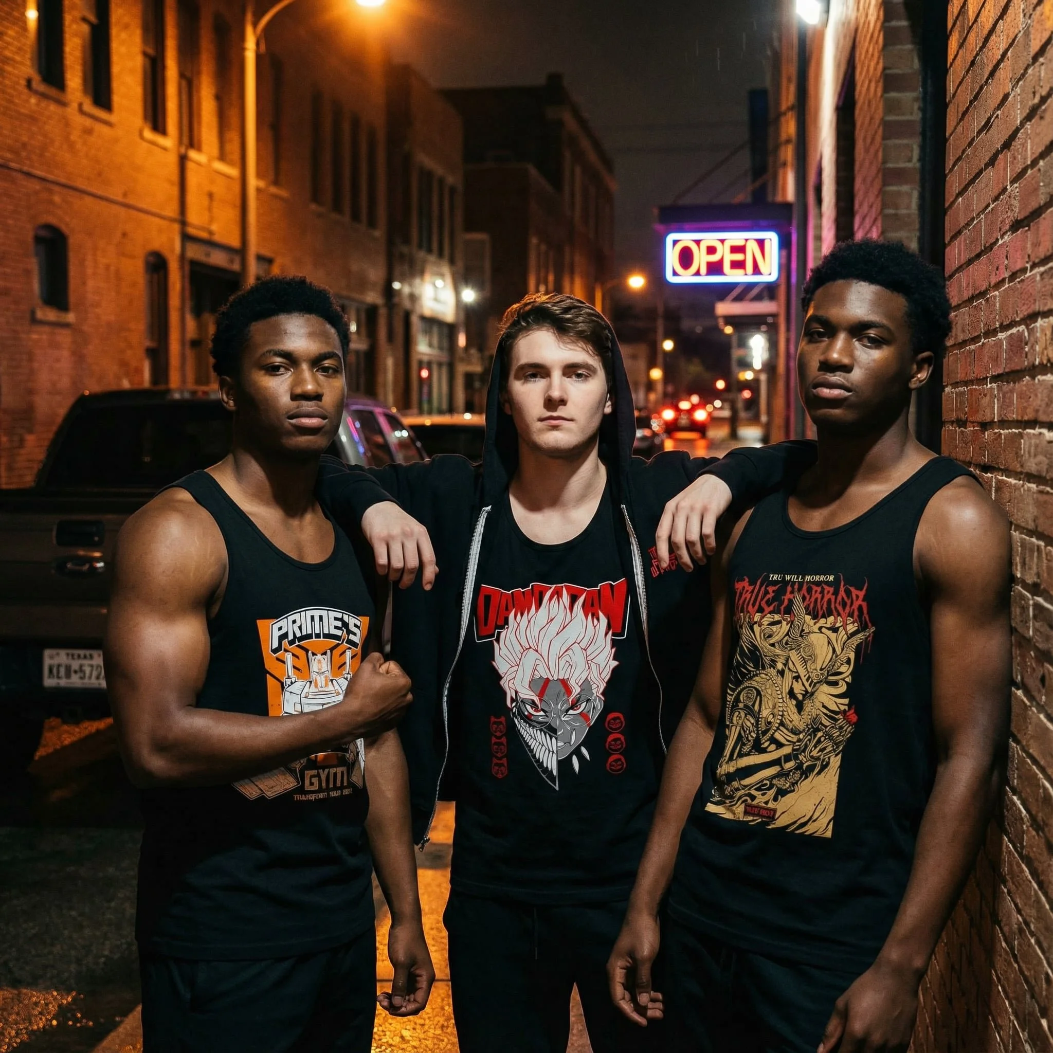 Three young men standing closely together at night in an urban alley, with an illuminated 'Open' sign in the background and red brick buildings.
